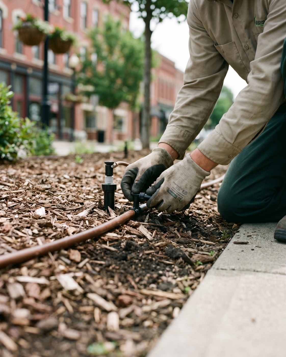 ManageMowed technician inspecting irrigation in a commercial planting bed near downtown Boulder's red-brick storefronts