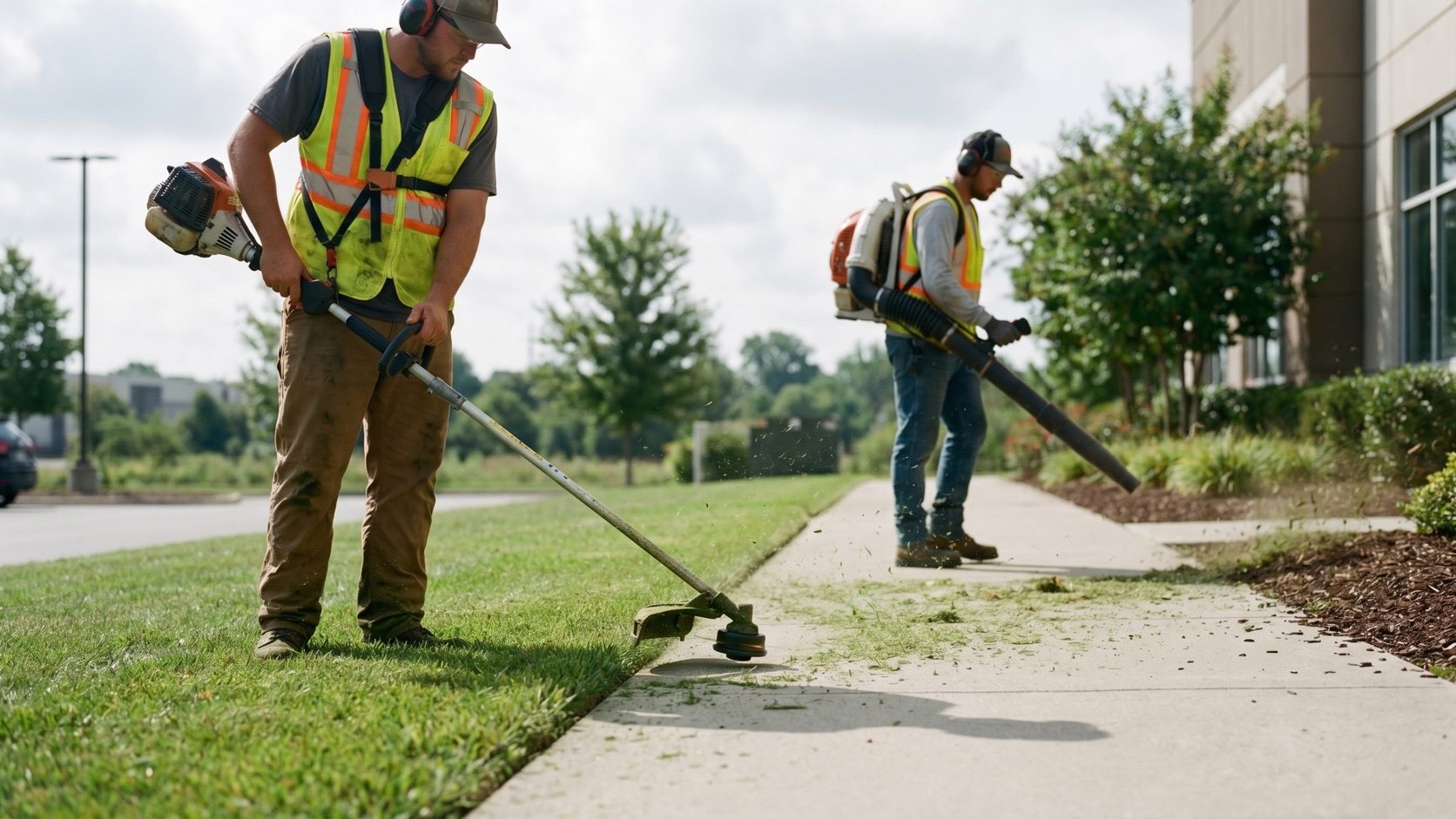 ManageMowed crew edging and clearing turf at a Boulder open-air retail center with the foothills behind