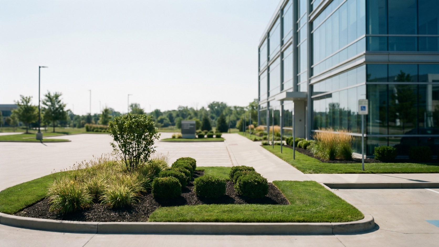 Pristine commercial office exterior maintained by ManageMowed with golden Boulder foothills in the distance